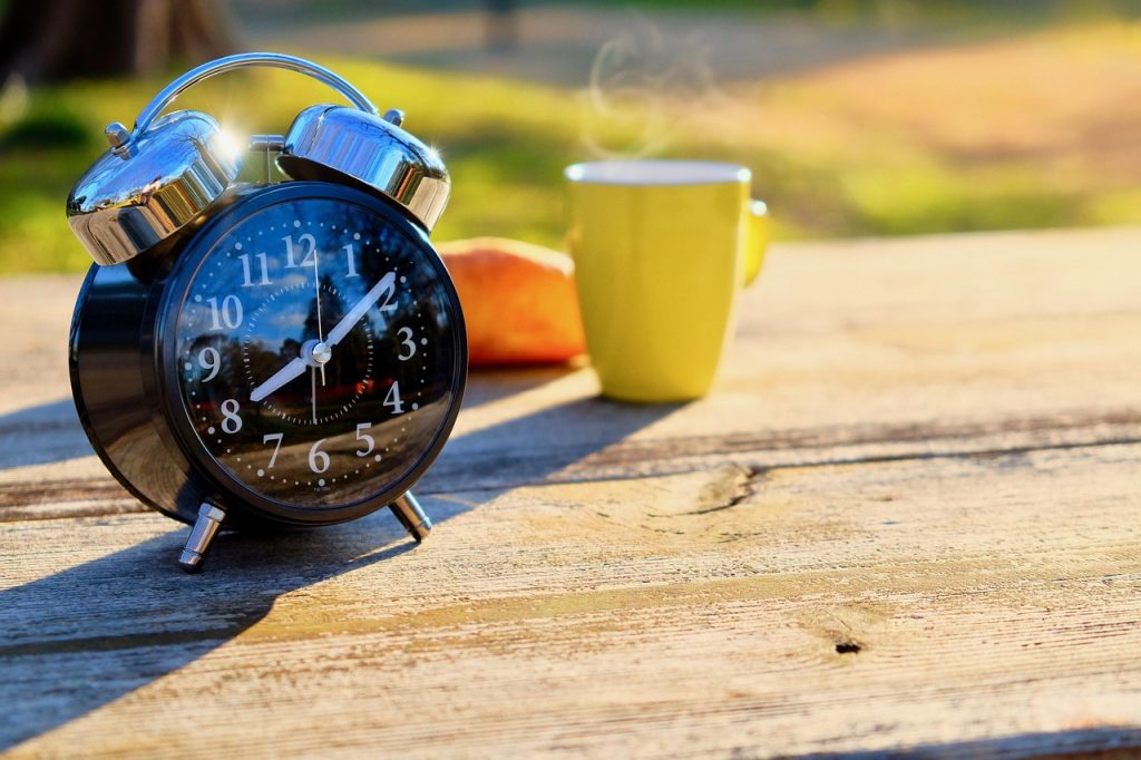 morning, alarm clock, breakfast, coffee, bread, steam