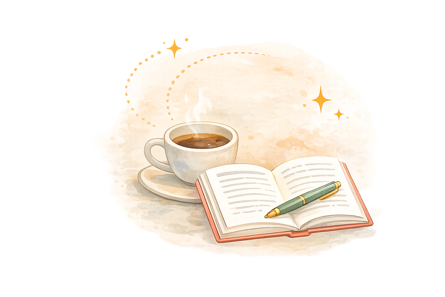 Watercolor book, pen, and coffee representing advanced Arabic conversations