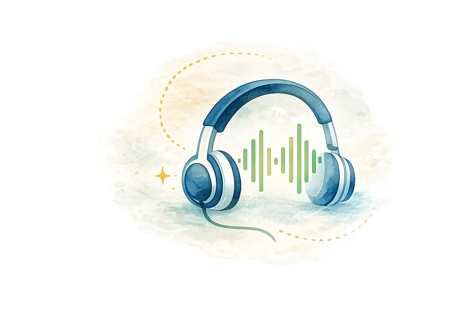 Watercolor headphones and audio waveform representing intermediate Arabic conversations