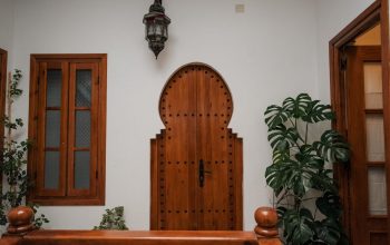 Cozy Moroccan interior featuring a distinct wooden door and lush plants.